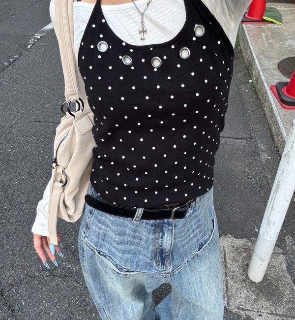  「アイレットホルターレイヤードトップス(無地/ボーダー/ドット)」|Tシャツ・カットソー|ブラックその他2