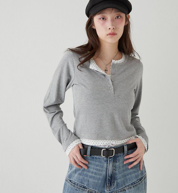  「【WEB限定カラーあり/ドット柄】レイヤードヘンリートップス」|Tシャツ・カットソー|