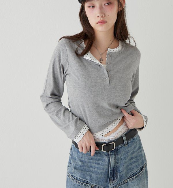  「【WEB限定カラーあり/ドット柄】レイヤードヘンリートップス」|Tシャツ・カットソー|