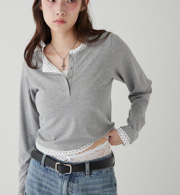  「【WEB限定カラーあり/ドット柄】レイヤードヘンリートップス」|Tシャツ・カットソー|