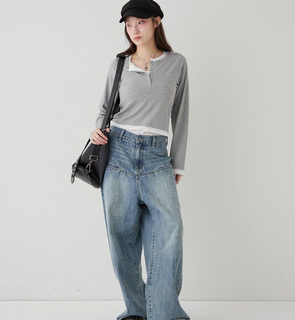  「【WEB限定カラーあり/ドット柄】レイヤードヘンリートップス」|Tシャツ・カットソー|