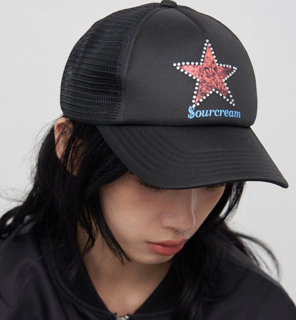  「【Sourcream】スターラインストーンメッシュキャップ」|ハット|ブラック