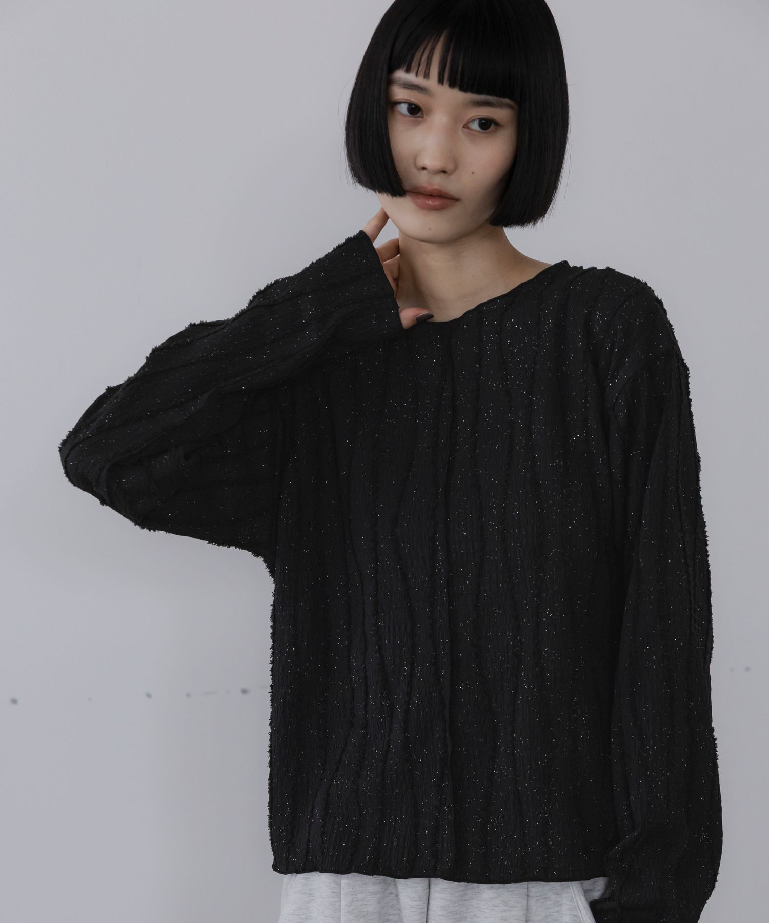 LOWRYS FARM「ジャガードフリンジＬＳ」|Tシャツ・カットソー|チャコール３