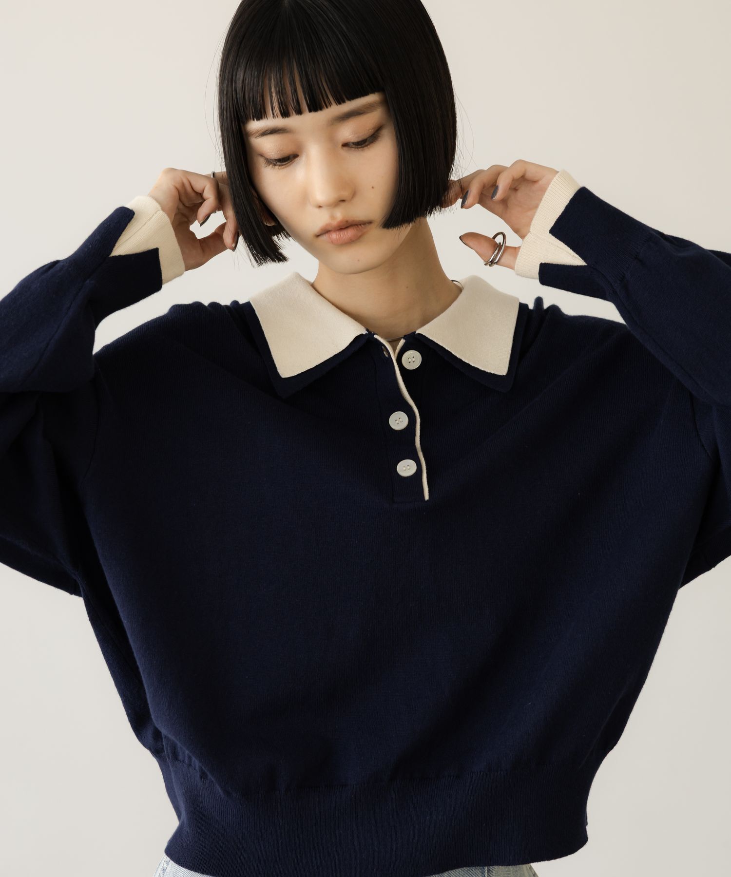 LOWRYS FARM「バイカラーニットポロＬＳ」|ニット・セーター|NVY