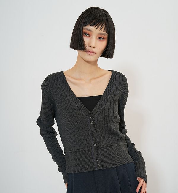 NOMINE「リブ切替ショートカーディガン｜Vネック」|カーディガン|