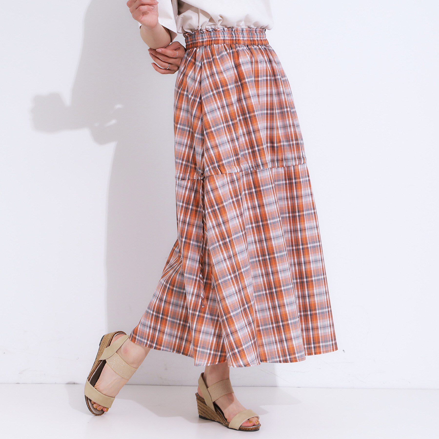 SHOO･LA･RUE「【S-LL】シルエットが変えられる チェック柄リボンフレアスカート」|スカート|