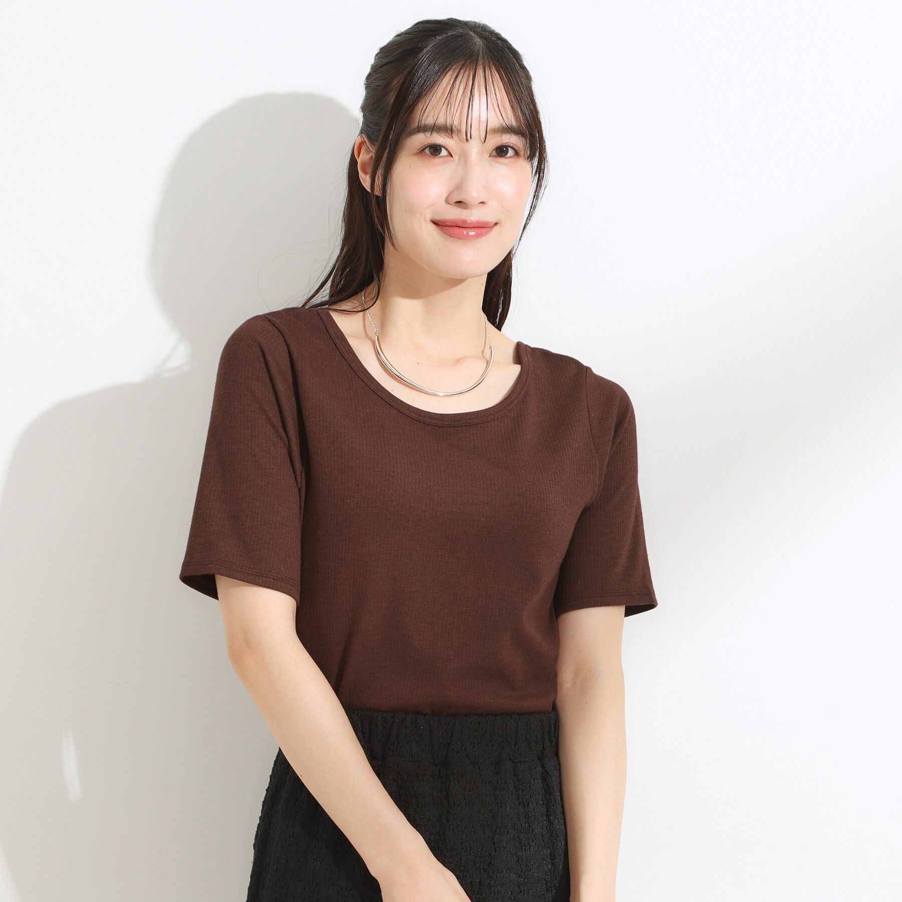 SHOO･LA･RUE「【S-LL/ひんやり/前後2WAY】シンプルだから使いやすい テレコTシャツ」|Tシャツ・カットソー|