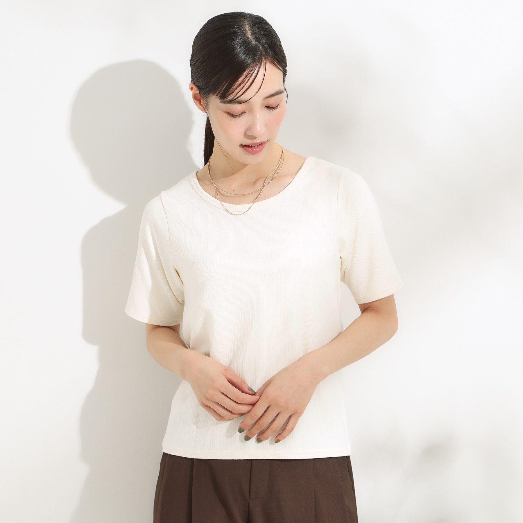 SHOO･LA･RUE「【S-LL/ひんやり/前後2WAY】シンプルだから使いやすい テレコTシャツ」|Tシャツ・カットソー|