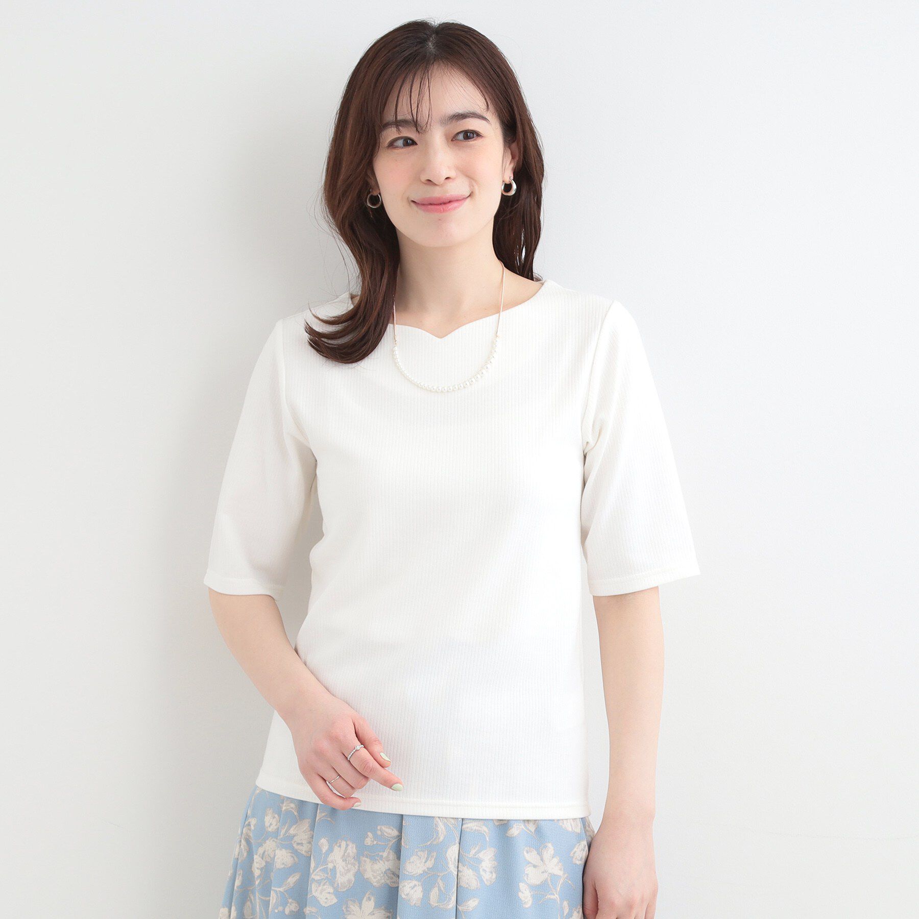SHOO･LA･RUE「【ネックアソート/洗濯機可】テレコ5分袖トップス」|Tシャツ・カットソー|