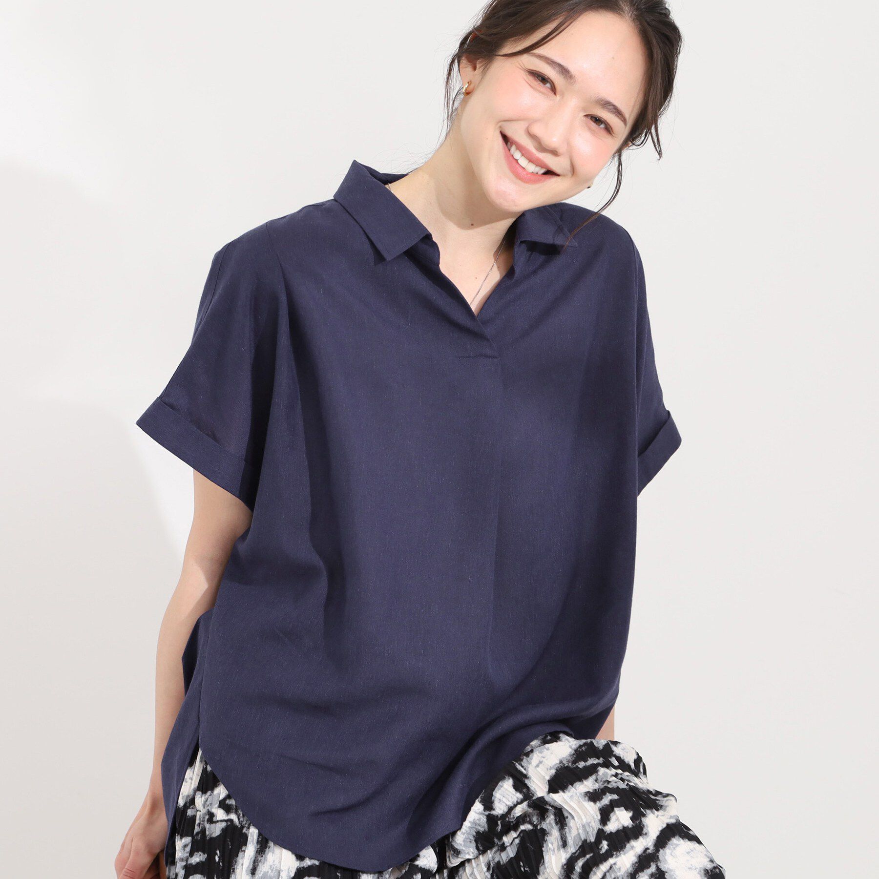 SHOO･LA･RUE「【UV/吸水速乾/抗菌防臭】インせず着られる フレンチリネンスキッパーシャツ」|シャツ・ブラウス|ネイビー(094)