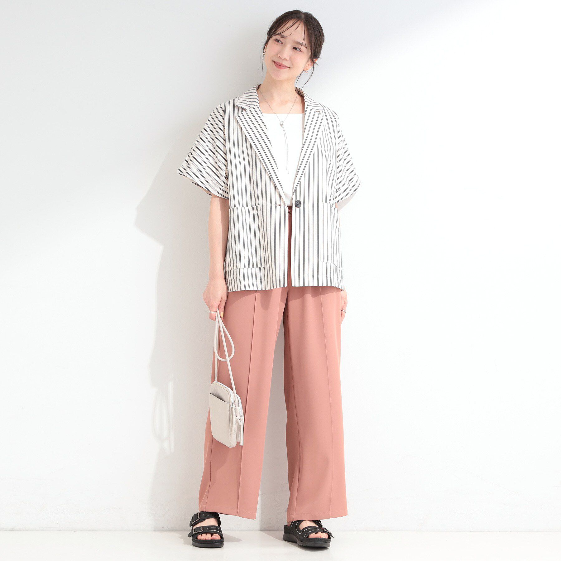 SHOO･LA･RUE「【S-LL/吸水速乾/セットアップ可】羽織るだけで主役になる サッカーストライプシャツジャケット」|テーラードジャケット|