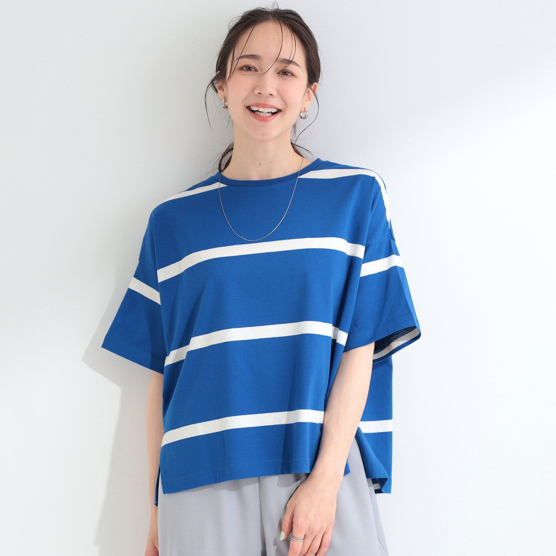 SHOO･LA･RUE「【S-LL】涼しげで爽やか 太ボーダー斜め切り替えTシャツ」|Tシャツ・カットソー|