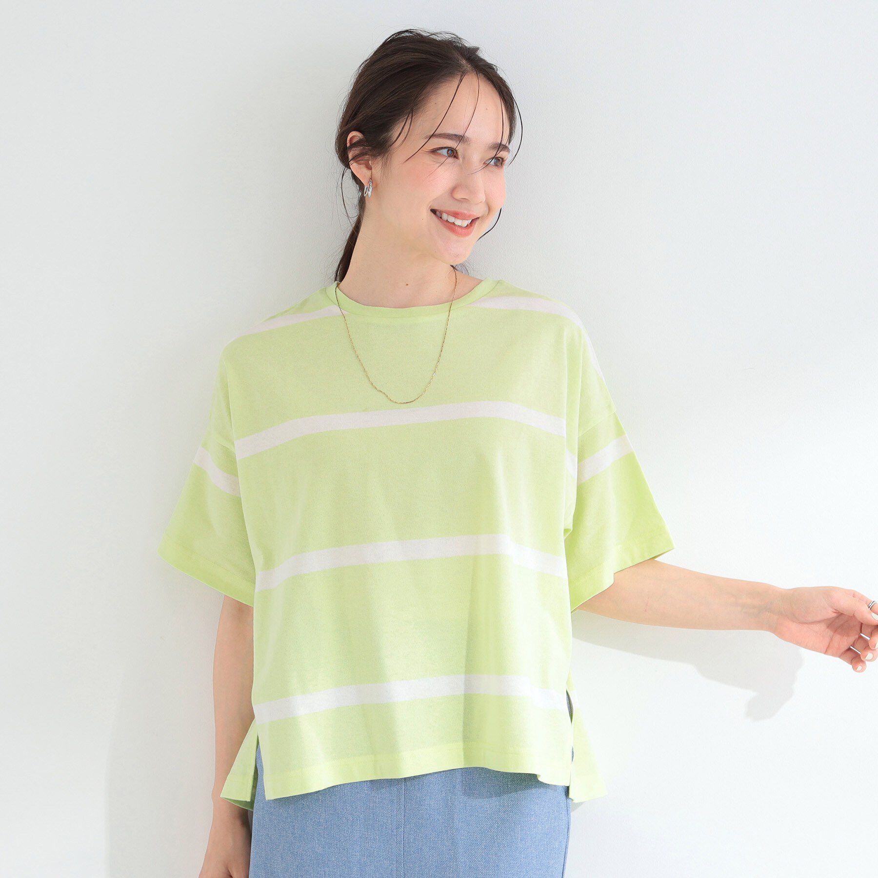 SHOO･LA･RUE「【S-LL】涼しげで爽やか 太ボーダー斜め切り替えTシャツ」|Tシャツ・カットソー|