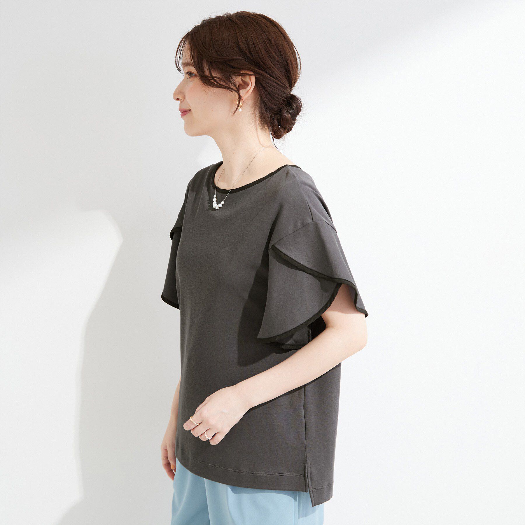 SHOO･LA･RUE「【洗濯機可/S-LL】配色パイピング フレアスリーブトップス」|Tシャツ・カットソー|