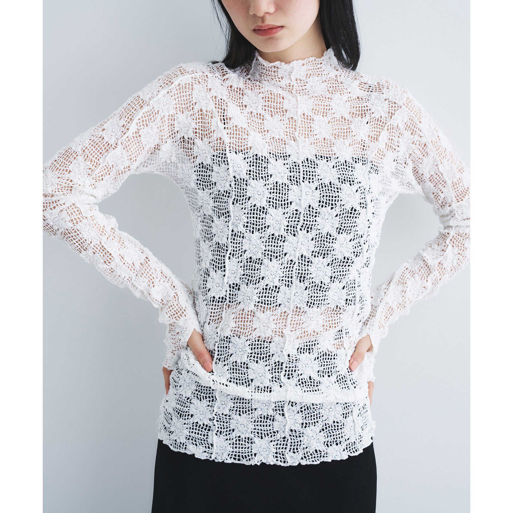 CODE A「floral lace highneck tops」|Tシャツ・カットソー|ホワイト(001)