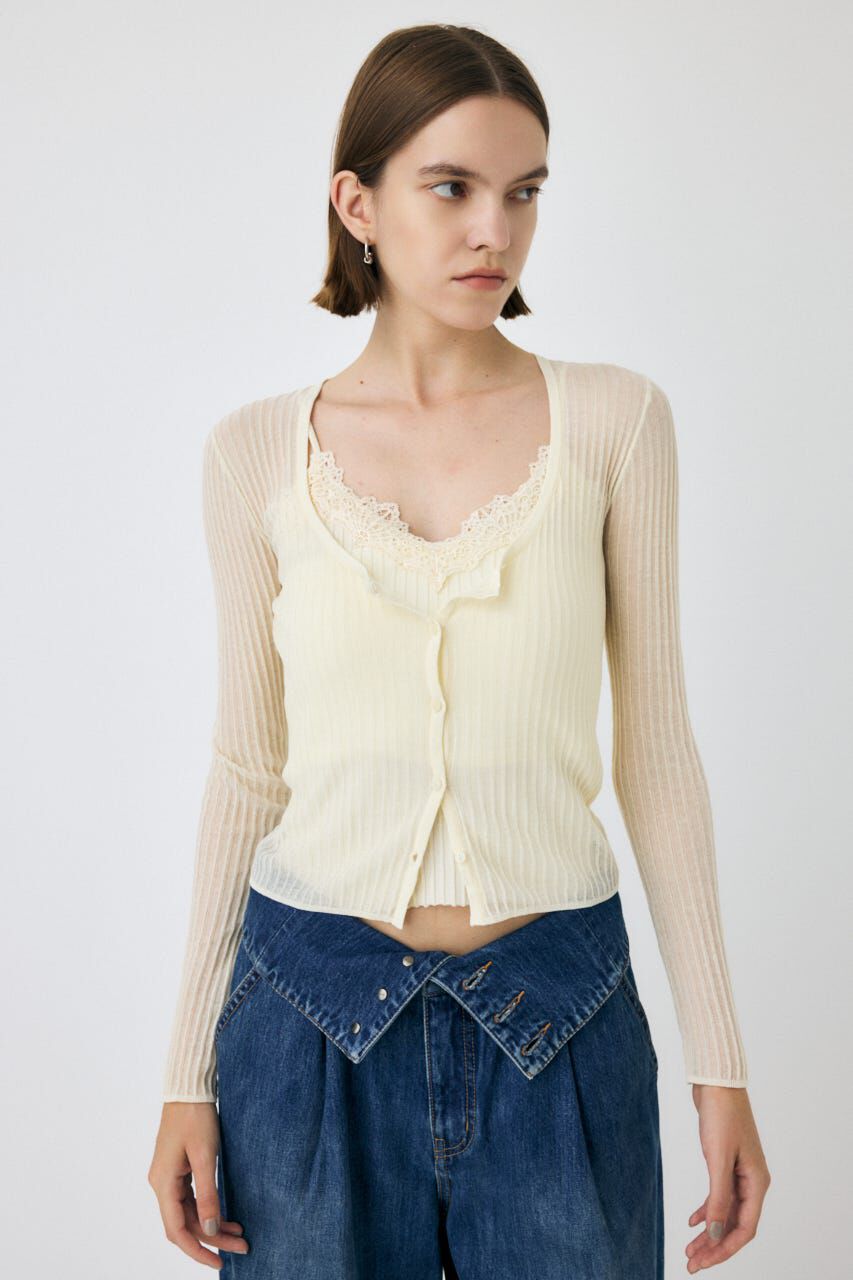 MOUSSY「SHEER RIB カーディガン」|カーディガン|O/WHT1