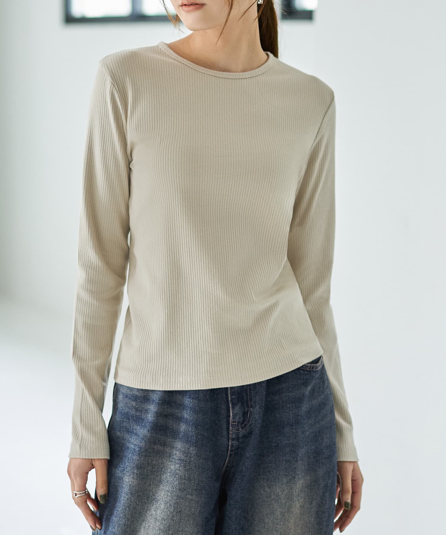STYLE DELI「中太リブBASIC長袖カットソートップス」|Tシャツ・カットソー|ベージュ