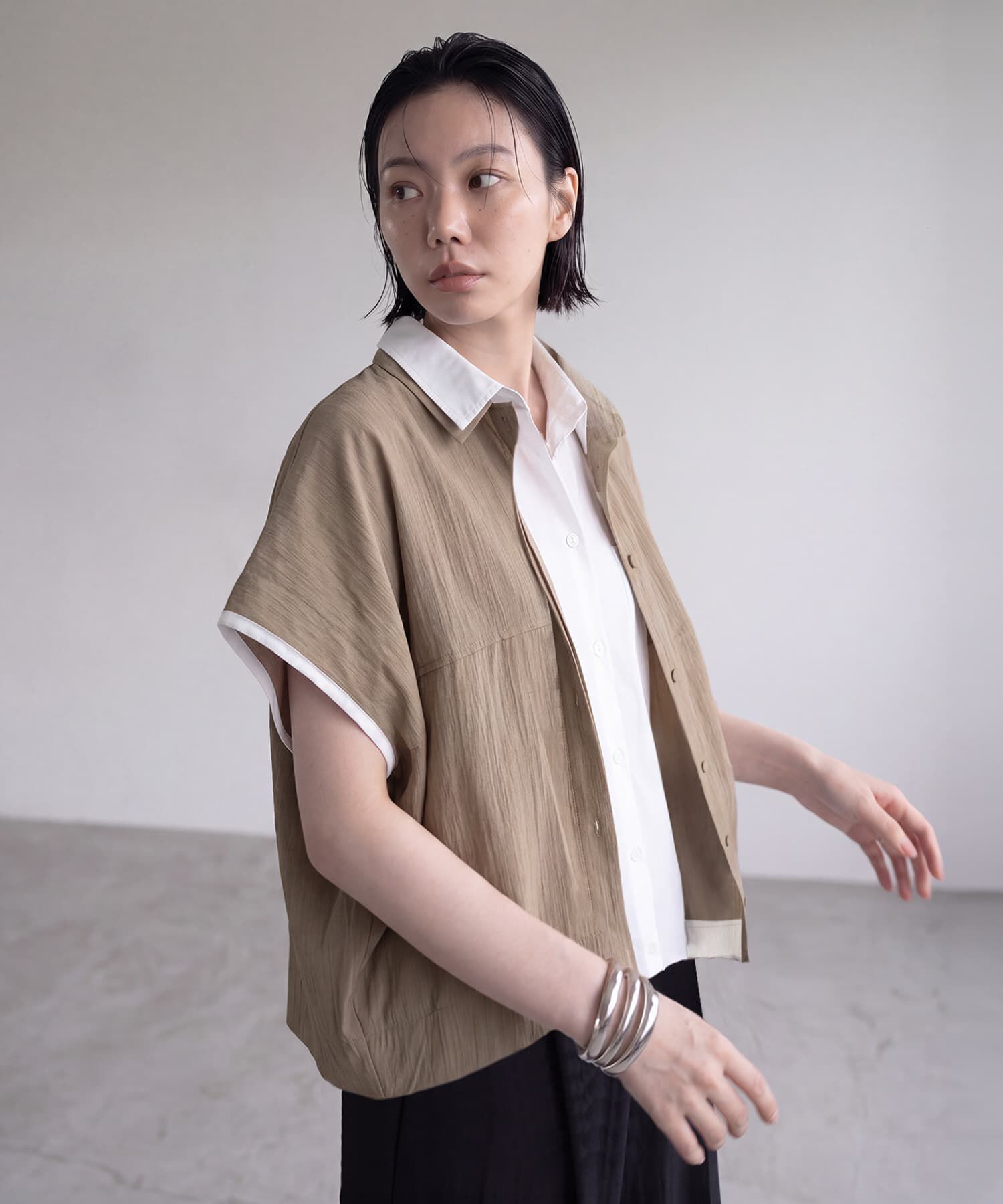 STYLE DELI「【BLK001】リネンライクレイヤードコクーンシャツ」|シャツ・ブラウス|グレージュ