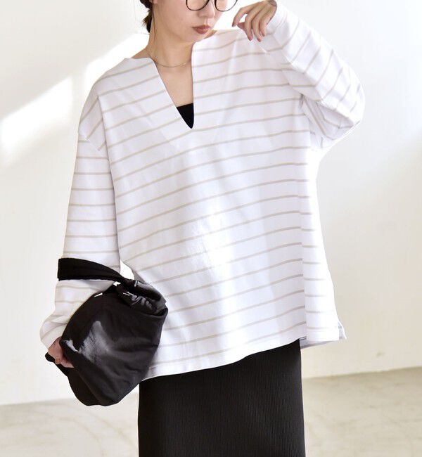 quaranciel「quaranciel:〈洗濯機可能〉ボーダー ビッグ スキッパー プルオーバー」|Tシャツ・カットソー|