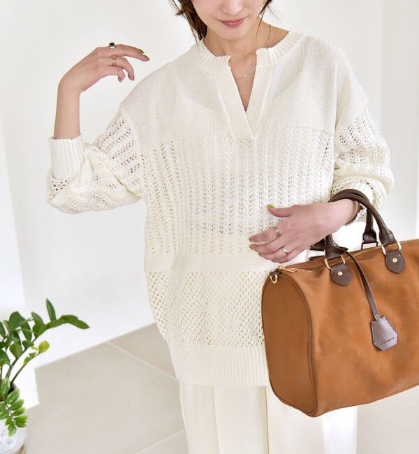 quaranciel「quaranciel:〈手洗い可能〉透かし編み スキッパー ニット プルオーバー」|ニット・セーター|オフホワイト
