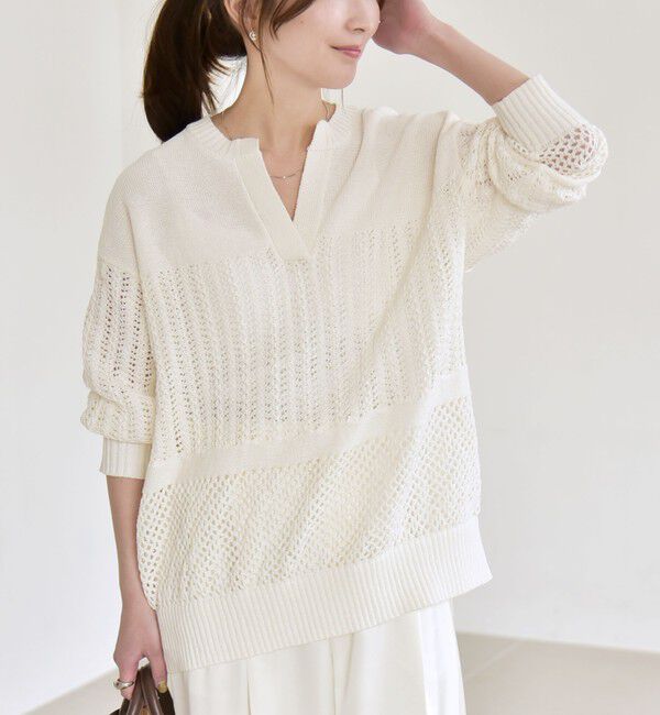 quaranciel「quaranciel:〈手洗い可能〉透かし編み スキッパー ニット プルオーバー」|ニット・セーター|