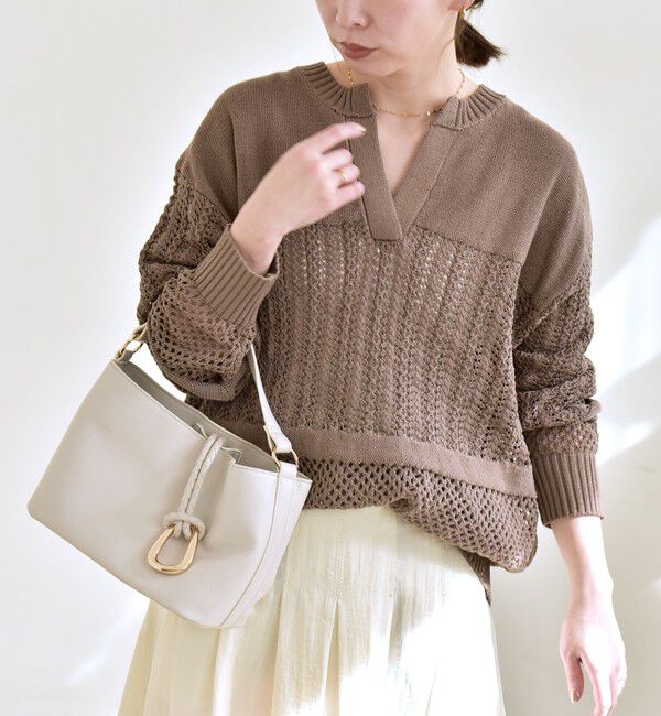 quaranciel「quaranciel:〈手洗い可能〉透かし編み スキッパー ニット プルオーバー」|ニット・セーター|