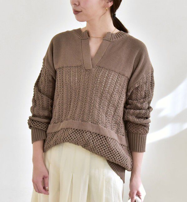 quaranciel「quaranciel:〈手洗い可能〉透かし編み スキッパー ニット プルオーバー」|ニット・セーター|
