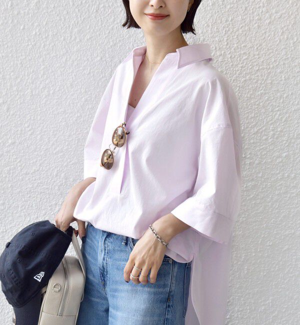 SHIPS for women「〈手洗い可能〉無地/ストライプ スキッパー サイド スリット 半袖 シャツ」|シャツ・ブラウス|