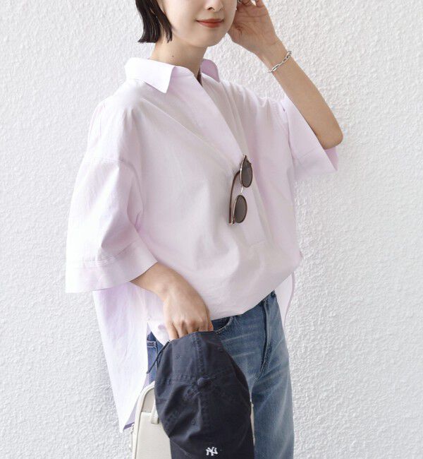 SHIPS for women「〈手洗い可能〉無地/ストライプ スキッパー サイド スリット 半袖 シャツ」|シャツ・ブラウス|