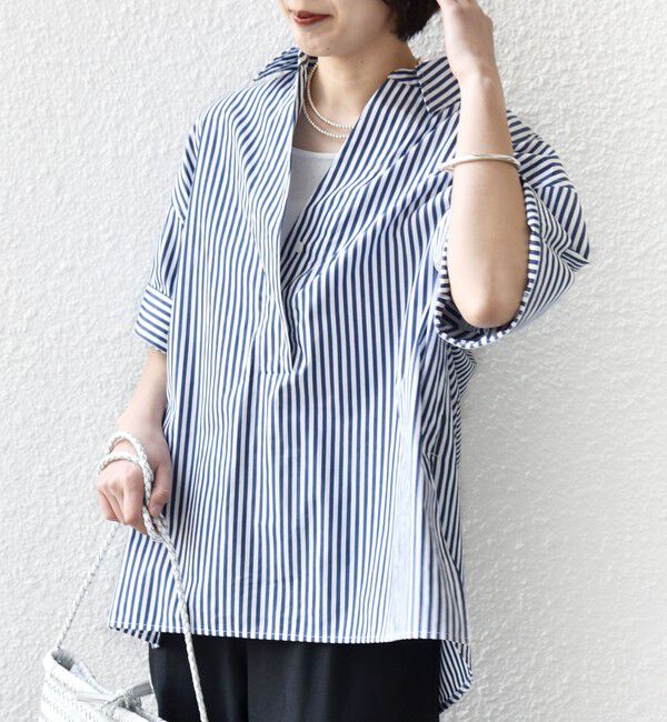 SHIPS for women「〈手洗い可能〉無地/ストライプ スキッパー サイド スリット 半袖 シャツ」|シャツ・ブラウス|ネイビー