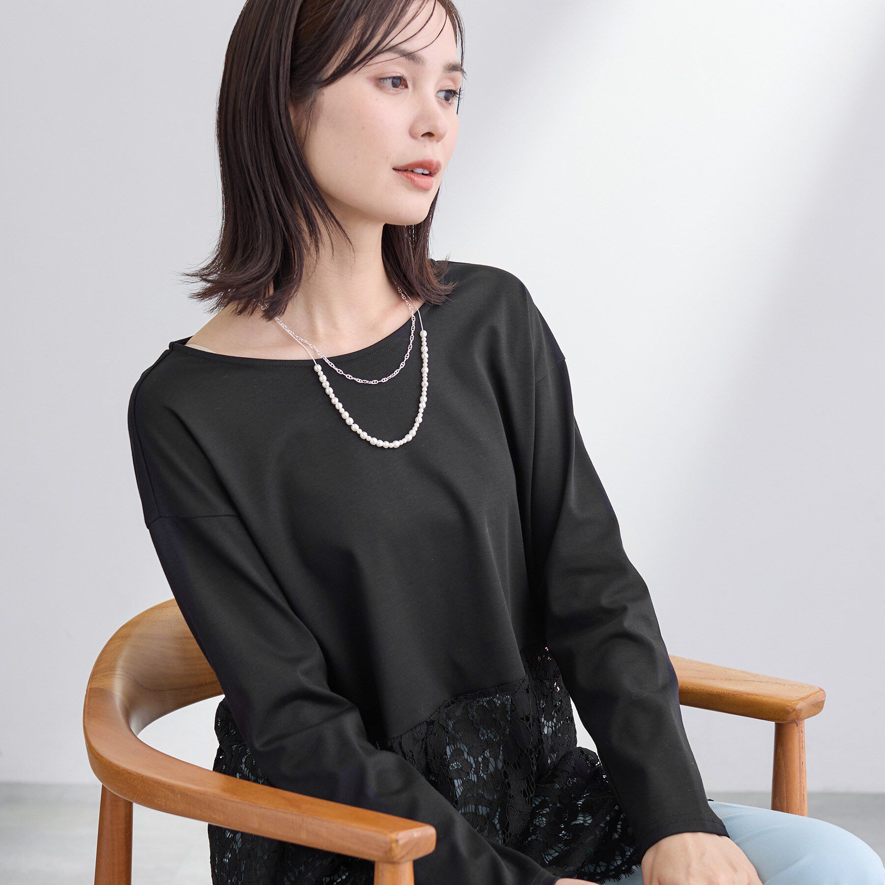 INDIVI「【洗える／レイヤードにおすすめ】レース切り替えカットソー」|Tシャツ・カットソー|