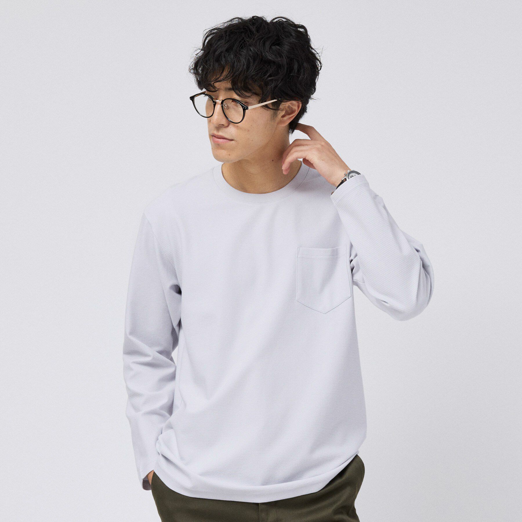 TAKEO KIKUCHI「2重編みガーター ボーダー 長袖 Tシャツ」|Tシャツ・カットソー|ライトグレー(011