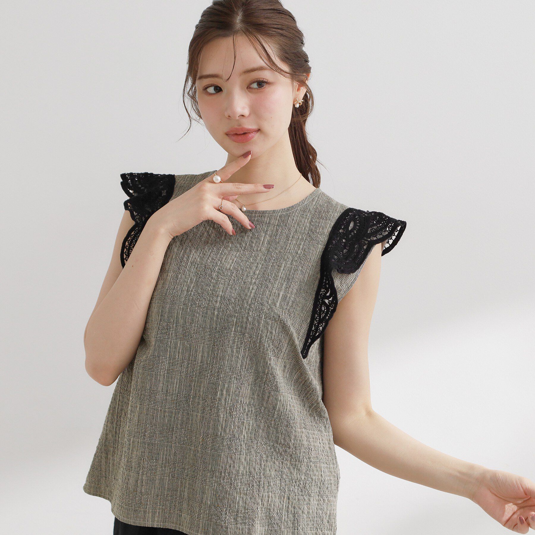 Couture broach「レーススリーブチェックブラウス」|シャツ・ブラウス|ブラック(219)