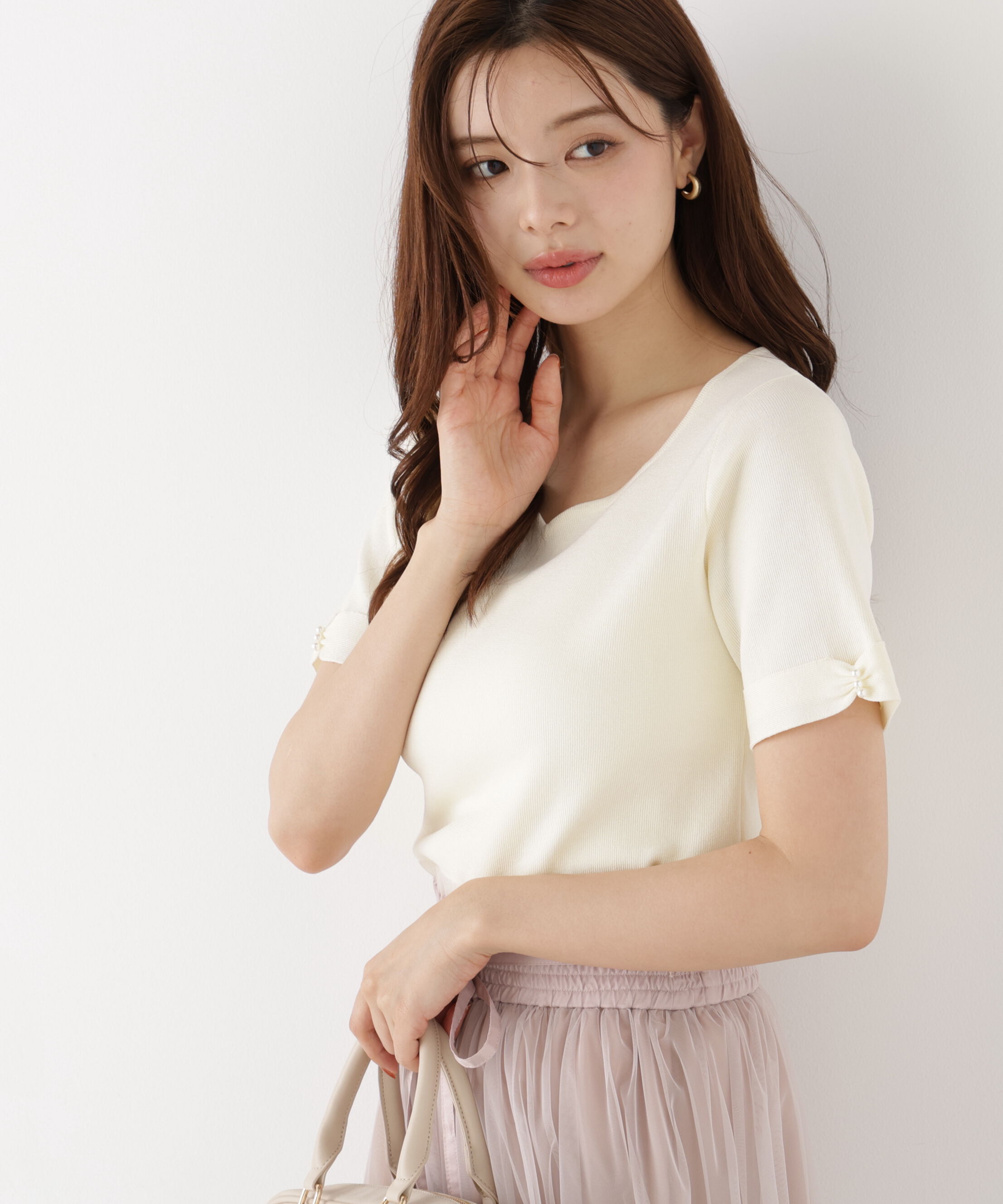 PROPORTION BODY DRESSING「袖リボン総針ニットトップス 26AW」|ニット・セーター|エクリュ1