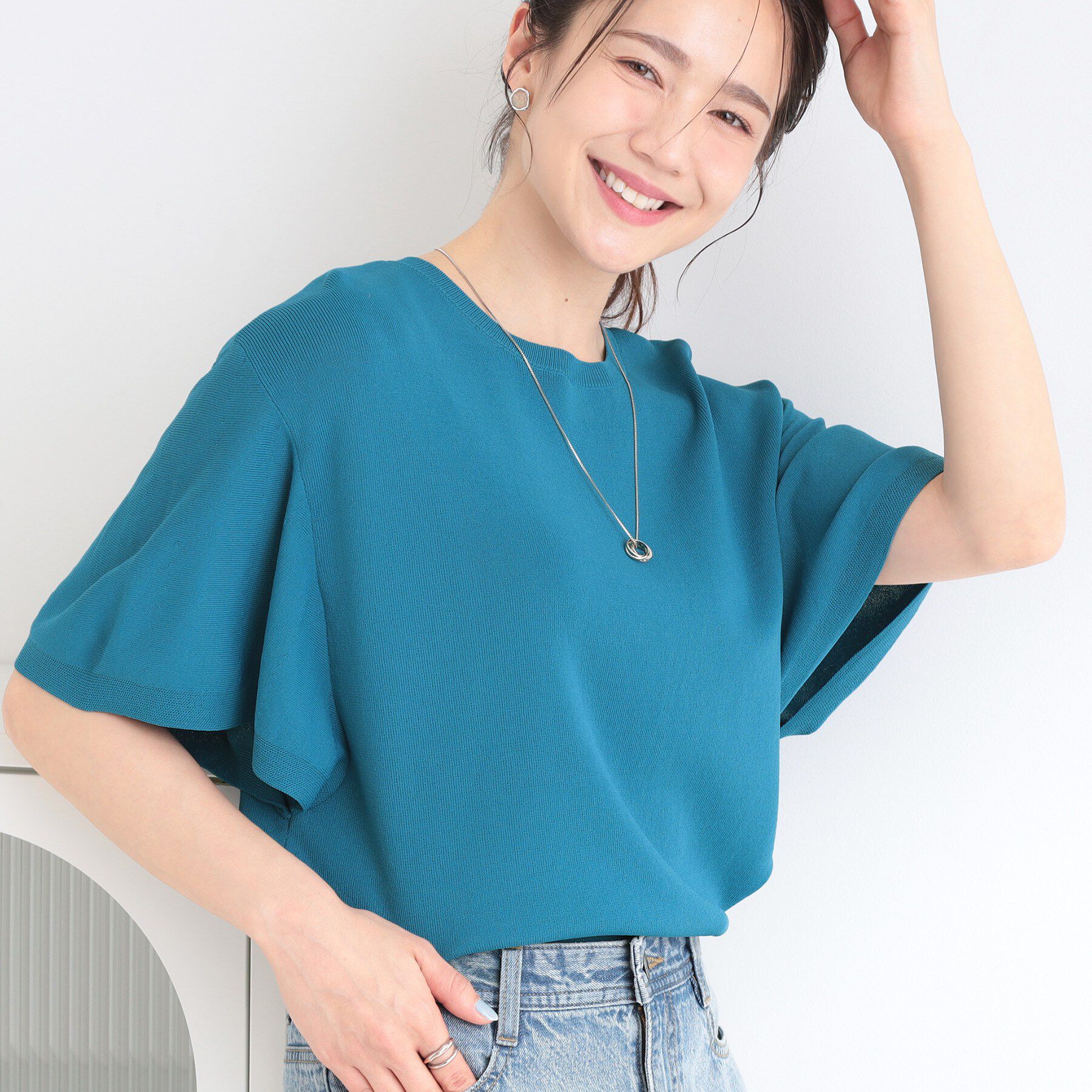 SHOO･LA･RUE「【S-LL】二の腕はカバーして魅せる フレアスリーブニット」|ニット・セーター|ブルー(093)