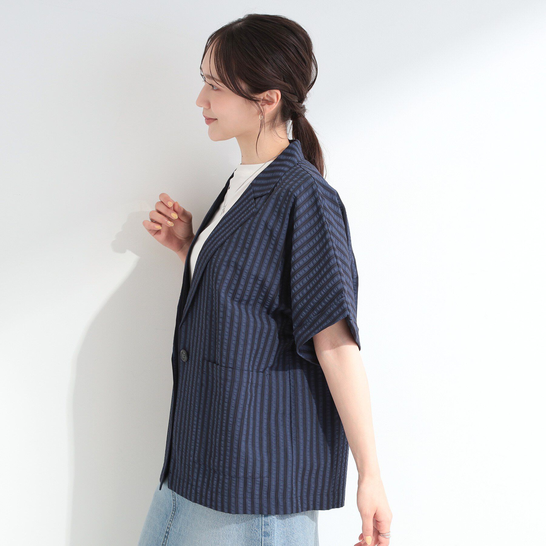 SHOO･LA･RUE「【S-LL/吸水速乾/セットアップ可】羽織るだけで主役になる サッカーストライプシャツジャケット」|テーラードジャケット|