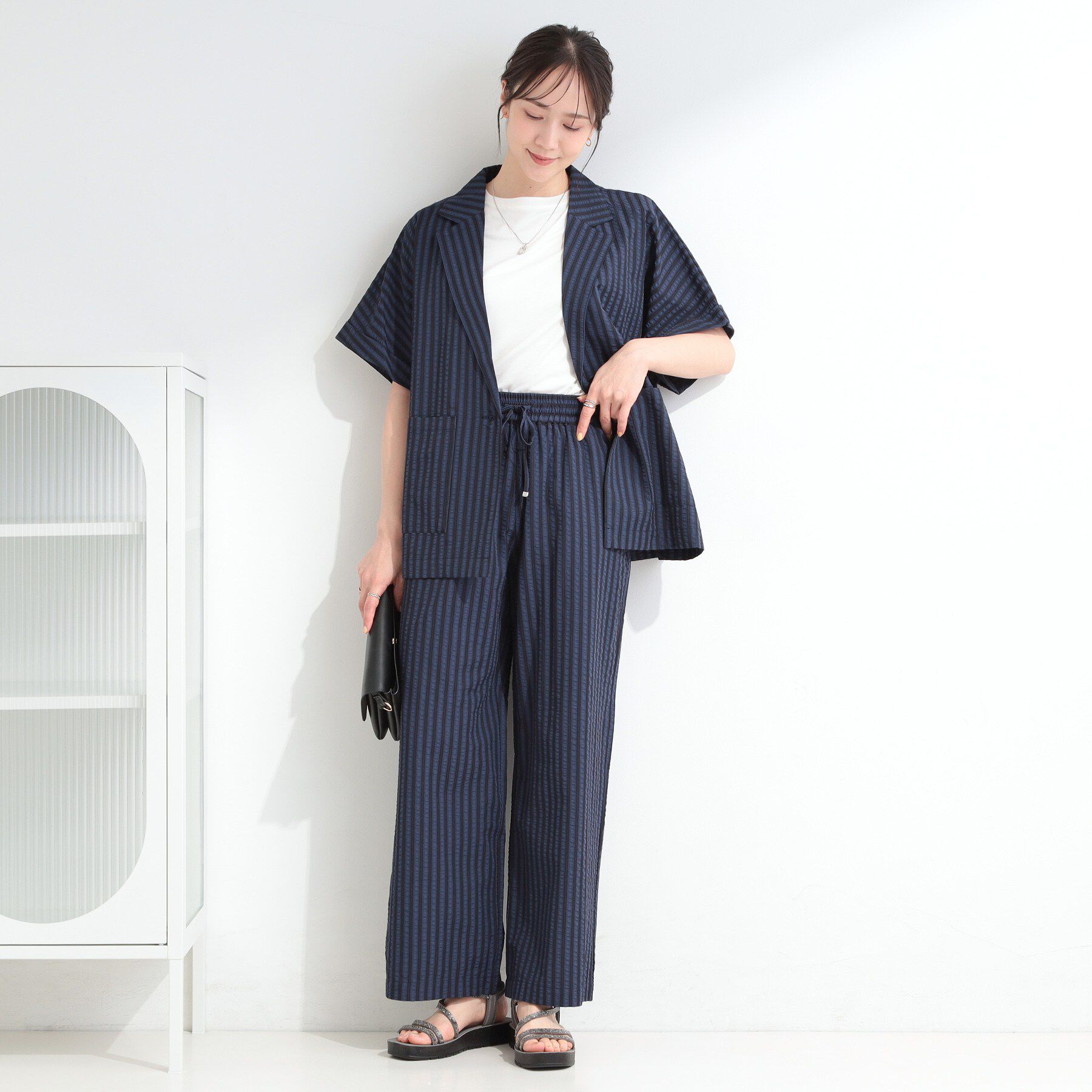 SHOO･LA･RUE「【S-LL/吸水速乾/セットアップ可】羽織るだけで主役になる サッカーストライプシャツジャケット」|テーラードジャケット|