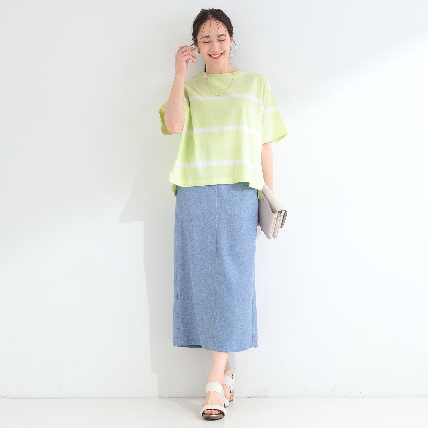 SHOO･LA･RUE「【S-LL】涼しげで爽やか 太ボーダー斜め切り替えTシャツ」|Tシャツ・カットソー|