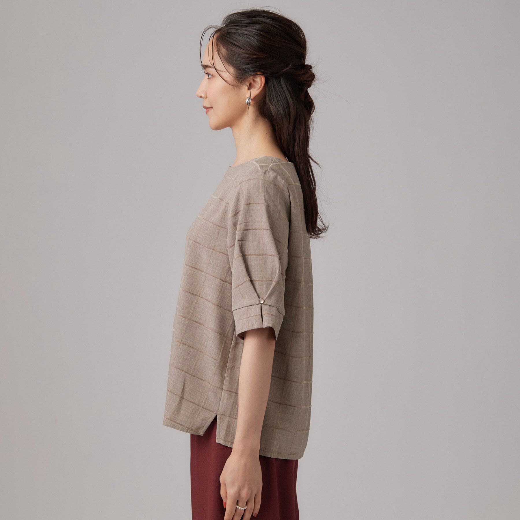 SHOO･LA･RUE「【セットアップ可/S-LL】1枚で秋気分 モールチェックタックスリーブ ブラウス」|シャツ・ブラウス|