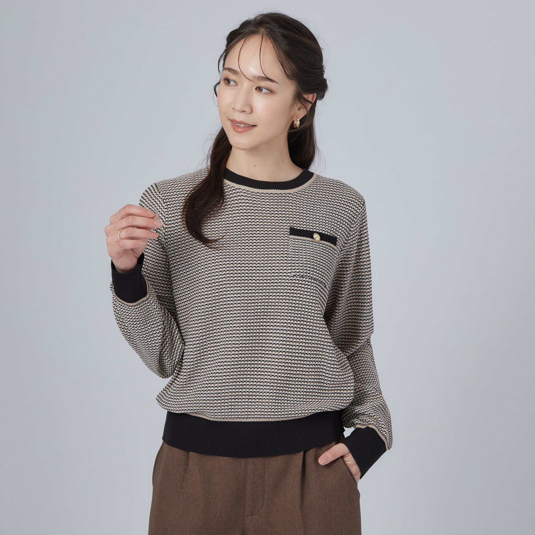 SHOO･LA･RUE「【S-LL/洗濯機可】1枚でサマになる カノコ編み配色クルーネックニット」|ニット・セーター|