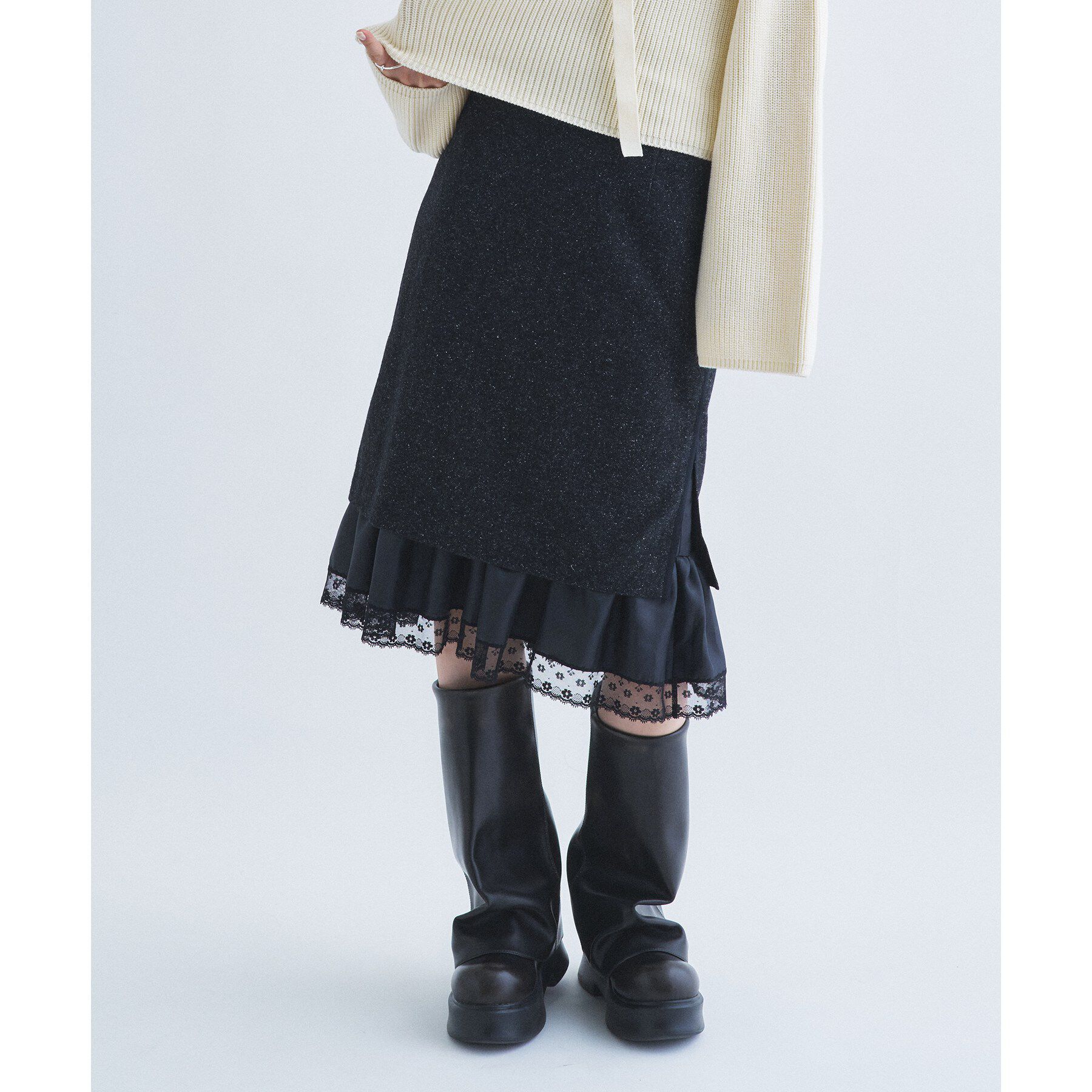 CODE A「nep tweed lace hem skirt」|スカート|ブラック(419)