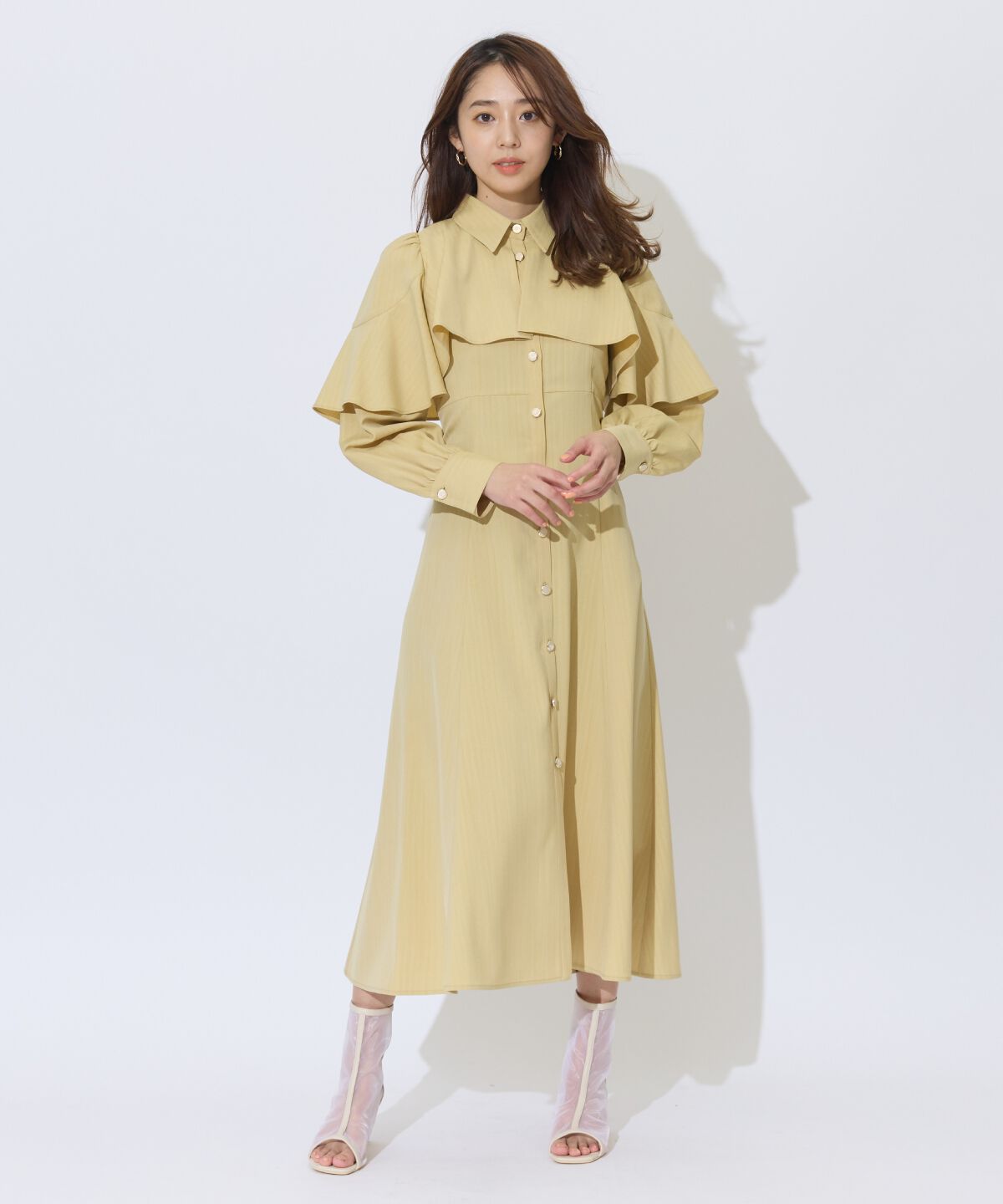 アンドクチュール「ケープフリルシャツワンピース」|ワンピース|イエロー