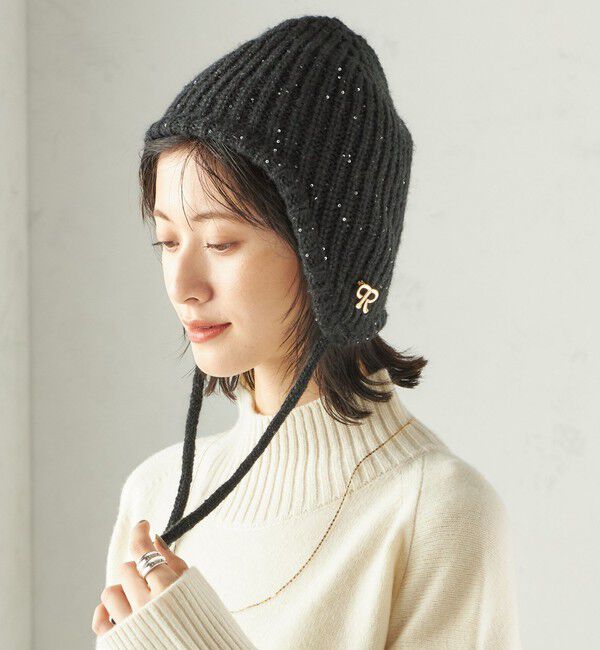 SHIPS for women「perah: ブローチ 付 イヤー フラップ ラメ ニット キャップ」|ニット帽|ブラック