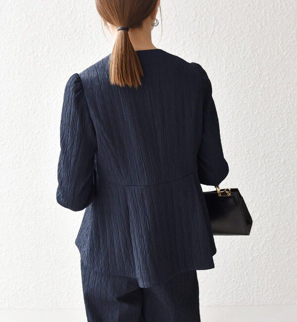 SHIPS any「SHIPS any:〈手洗い可能〉ジャカード ノーカラー ペプラム ジャケット［NAVY BLUE］」|ノーカラージャケット|