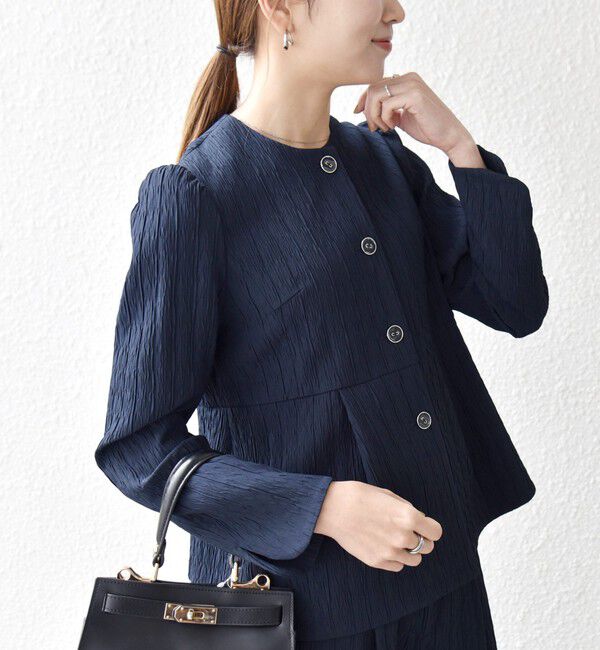 SHIPS any「SHIPS any:〈手洗い可能〉ジャカード ノーカラー ペプラム ジャケット［NAVY BLUE］」|ノーカラージャケット|