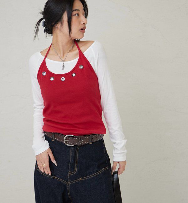  「アイレットホルターレイヤードトップス(無地/ボーダー/ドット)」|Tシャツ・カットソー|