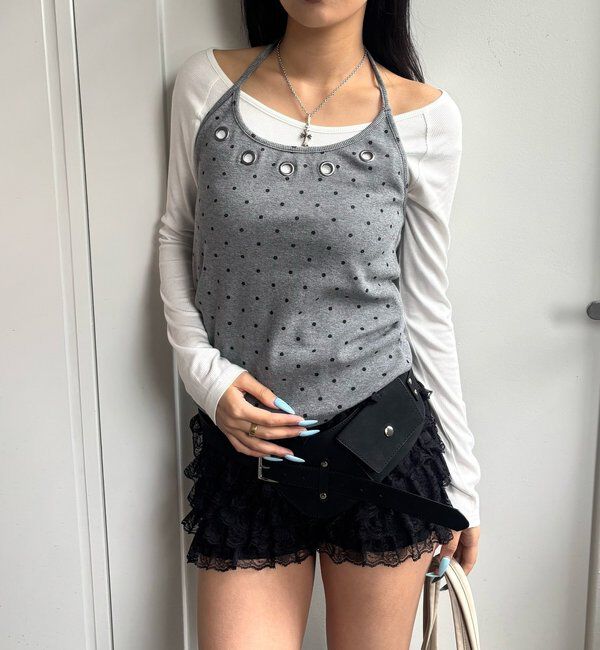  「アイレットホルターレイヤードトップス(無地/ボーダー/ドット)」|Tシャツ・カットソー|