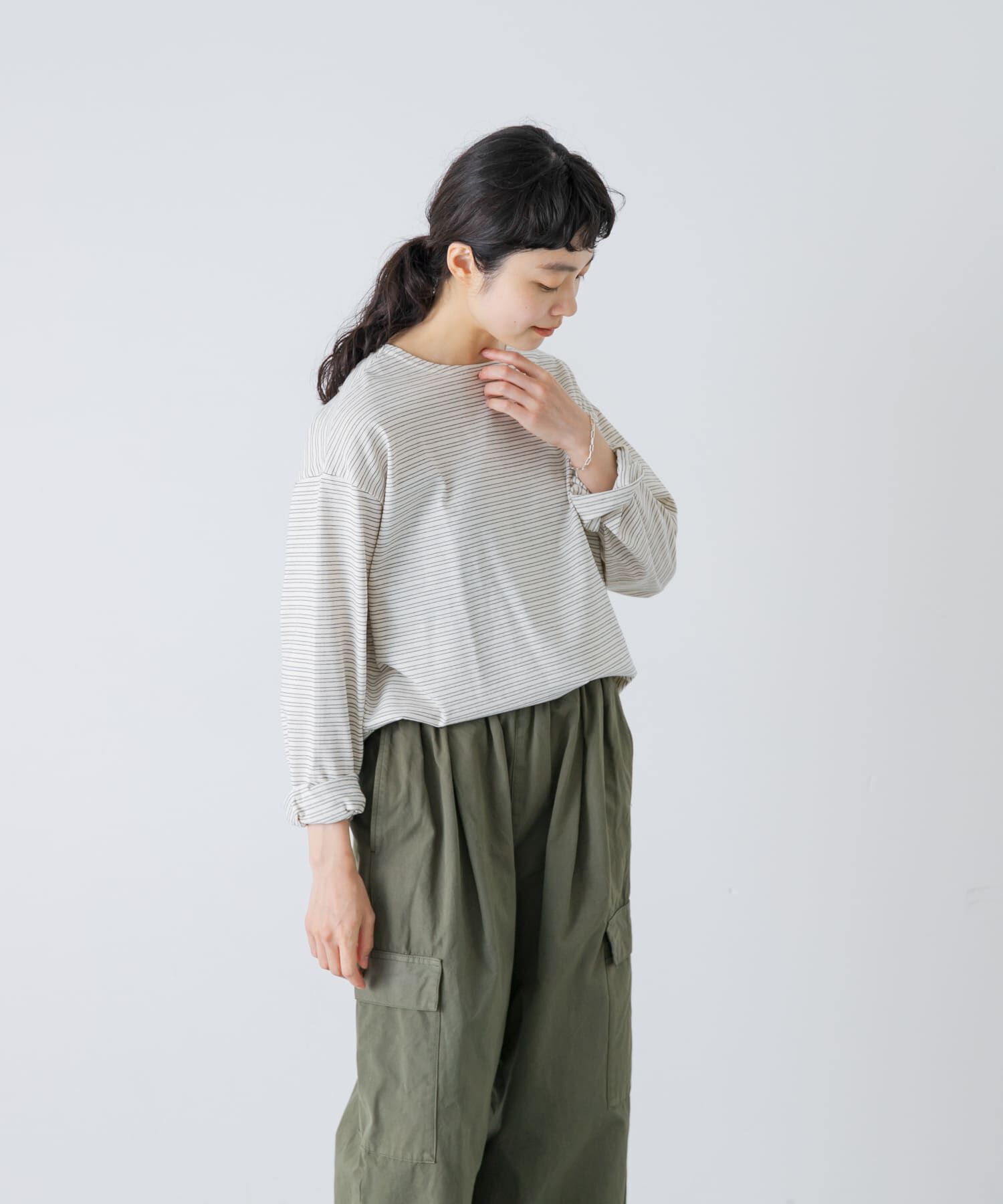 かぐれ「ナローボーダーロングカットソー」|Tシャツ・カットソー|オフホワイト