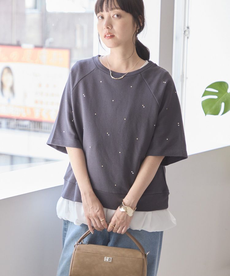 AMERICAN HOLIC「ラインストーン5分袖スウェット」|スウェット・ジャージ|Charcoal Gray