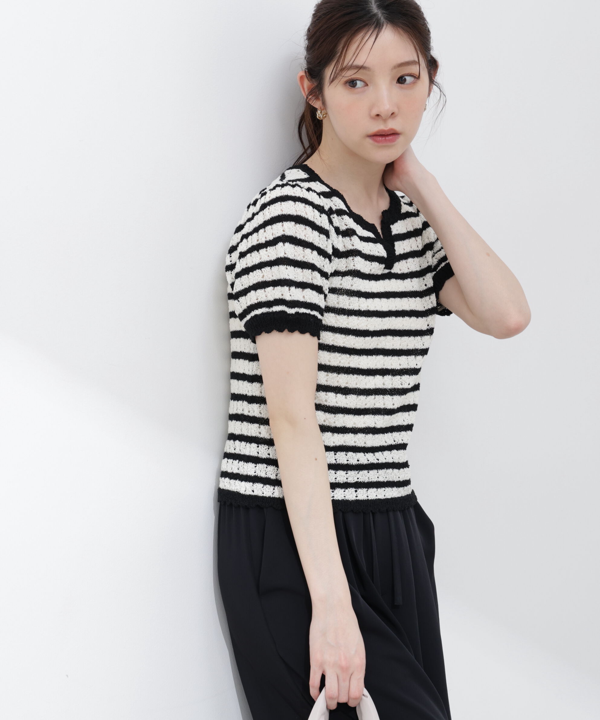 PROPORTION BODY DRESSING「ヘンリーネック透かし編みニット 26SS」|ニット・セーター|ブラック&times;エ  1